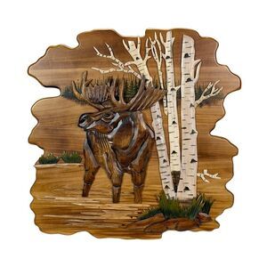 Moose in Birch Forest 23.5 inch Rustic Intarsia Wood Wall Art Sculpture